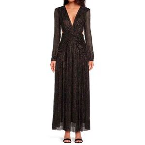 Gianni Bini Hazel Metallic Chiffon V-Neck Long Sleeve Cut Out Dress Size 2